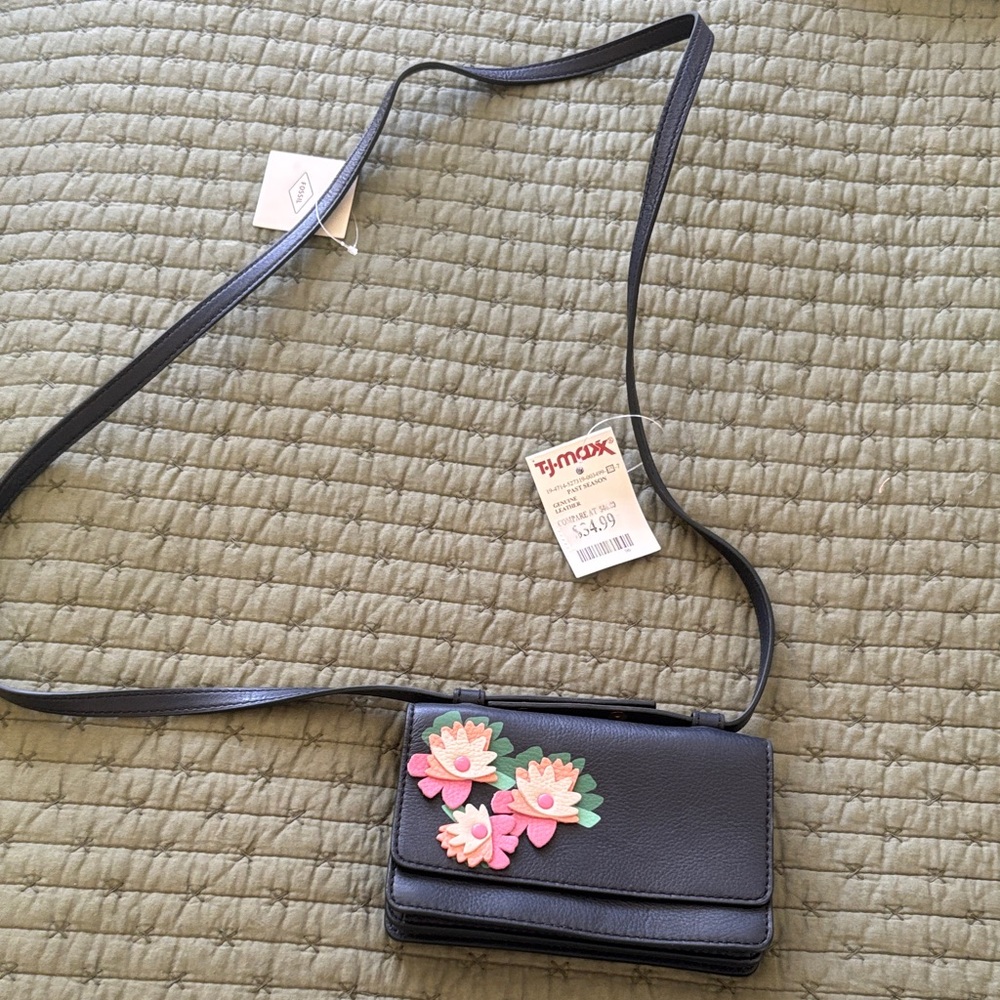 Fossil Black Clutch with Pink Floral Accents